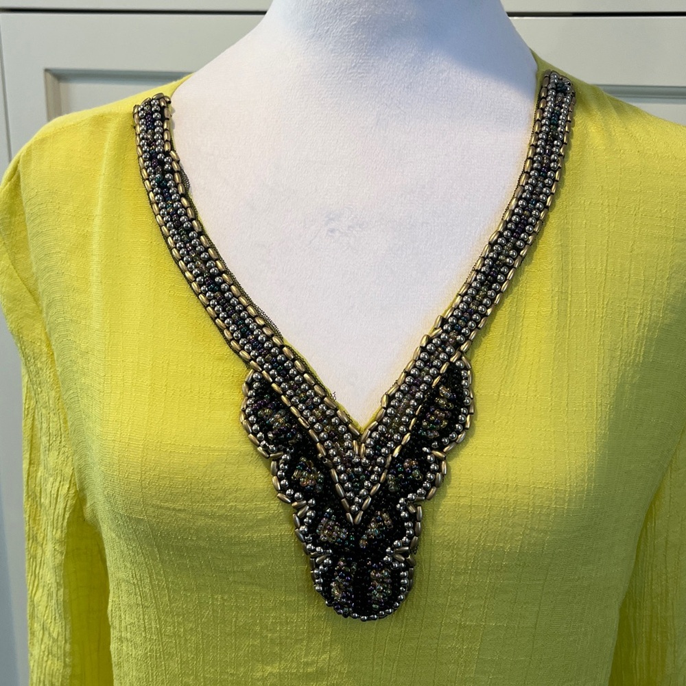 Xamiani Bright Yellow Beaded V-Neck Women's Tunic Top Beach Coverup, size L